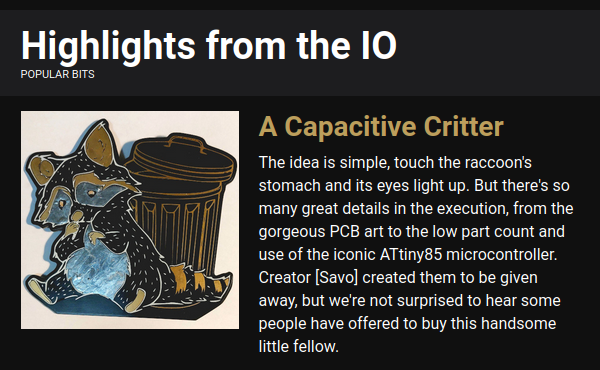 The design was featured in the Hackaday newsletter from Savo's submission for their low-power challenge